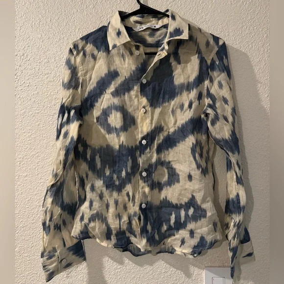 Zara Beige and Navy Patterned Button Down Shirt - Picture 4 of 5